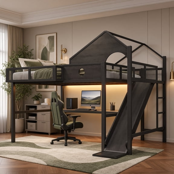 Queen Multifunctional Loft Bed with Slide, Desk & Shelves, Metal Frame, USB & LED, Triangular House Design, Space-Saving for Teens Adults, Black