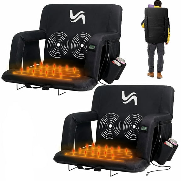 ABORON Heated Massage Stadium Seats for Bleachers Set of 2, Portable Bleacher Seat with Back Support Wide 21 Inch Stadium Chair, USB 3 Levels of Heat, 6 Reclining Positions