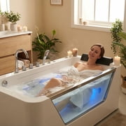 67 Luxury Whirlpool Bathtub with Panoramic Glass Window | 7 Hydro-Massage Jets, Waterfall Faucet & LED Chromatherapy | 1HP 750W Motor, Acrylic Spa Jetted Tub (110V) –Middle Drain