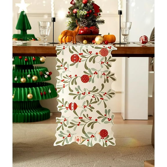 Fennco Styles Holiday Berries and Leaves Christmas Table Runner 14" W X 88" L - Multicolored Festive Table Cover for Winter Holidays, Home Decor, Family Gatherings