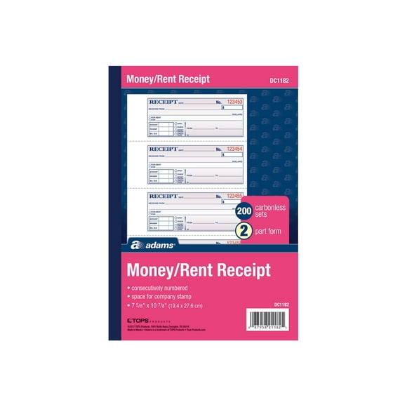 Adams - Money/rent receipt book - 200 forms - - duplicate - carbonless - numbered