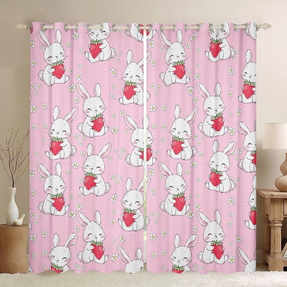 Feelyou Pink Rabbit Black Out Curtains, Cartoon Strawberry Bunnies Curtains Pack of 2 (42x63 Each), Kawaii Animal Bedroom Curtains, Curtains and Drapes Bedroom Decorative