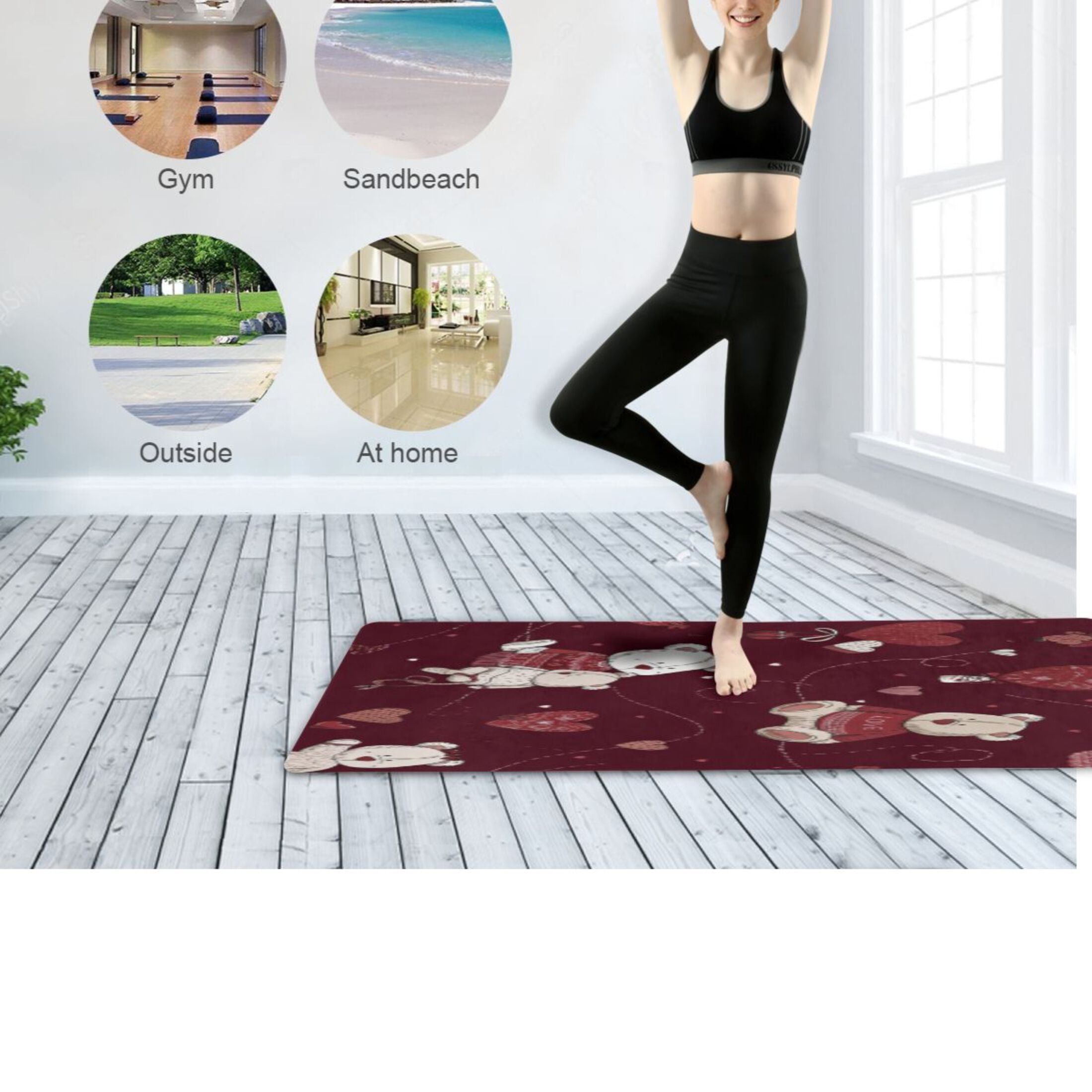 BZSMCE Yoga Mat Women Fitness Mat Burgundy Bear Heart Cuddle Pattern