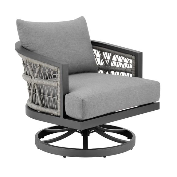 HomeStock Classic Charm Patio Swivel Armchair in Aluminum with Light Gray Rope Detailing and Earl Gray Cushions - Water Resistant, 360-Degree Swivel Function