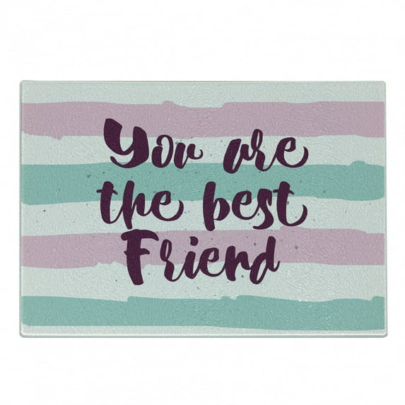 Best Friend Cutting Board, Handwritten Bold Inscription on a Stripey Background, Decorative Tempered Glass Cutting and Serving Board, in 3 Sizes, by Ambesonne