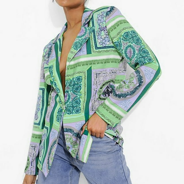 IROINID Veste Blazer Courte pour Femme à Revers Cranté Imprimé Manches Longues Confortable Ample Décontractée Veste Manteau de Complet, Vert