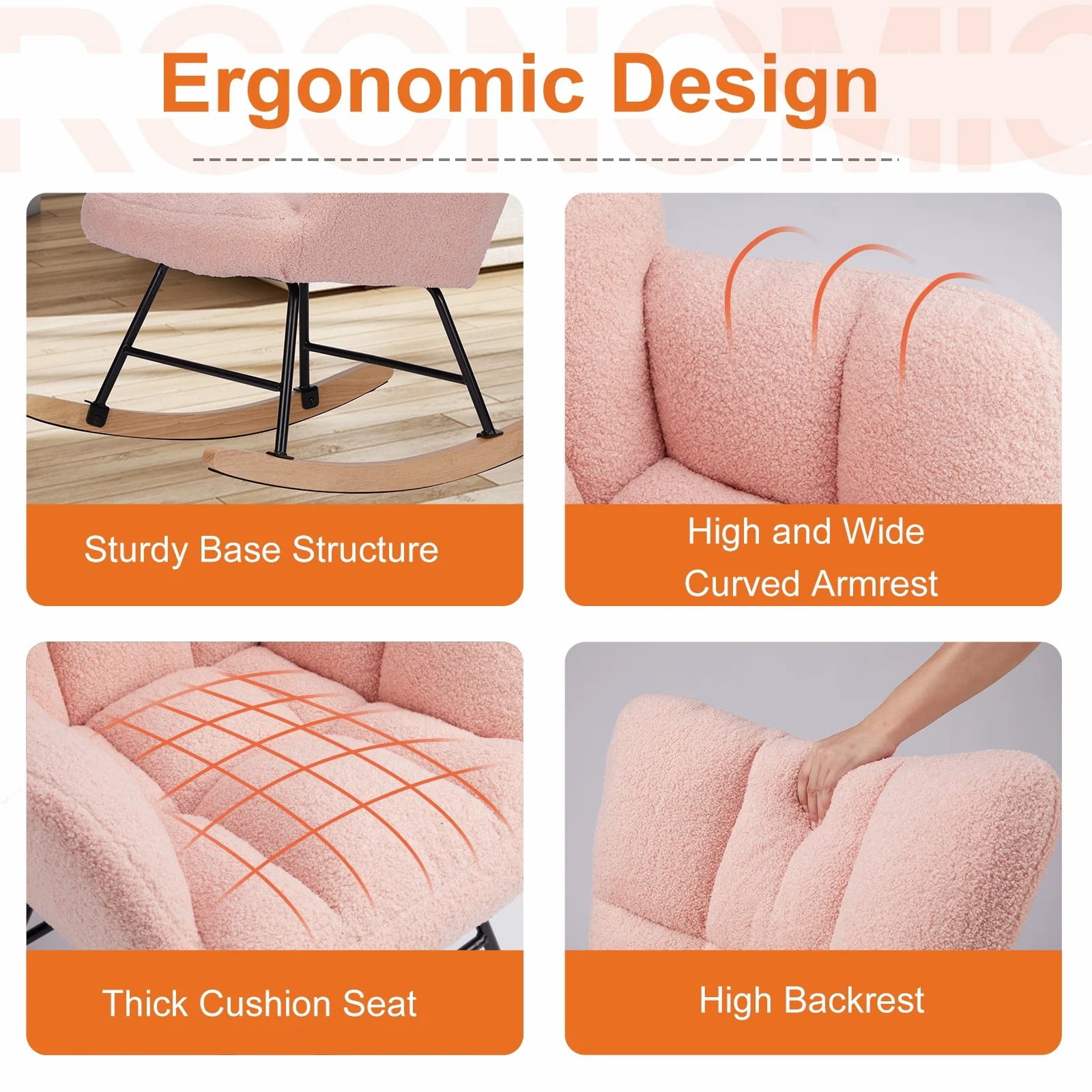 Modern Rocking Chair – Plush Teddy Upholstered Glider with High Back & Armrests, Living Room & Bedroom Accent Chair,Pink