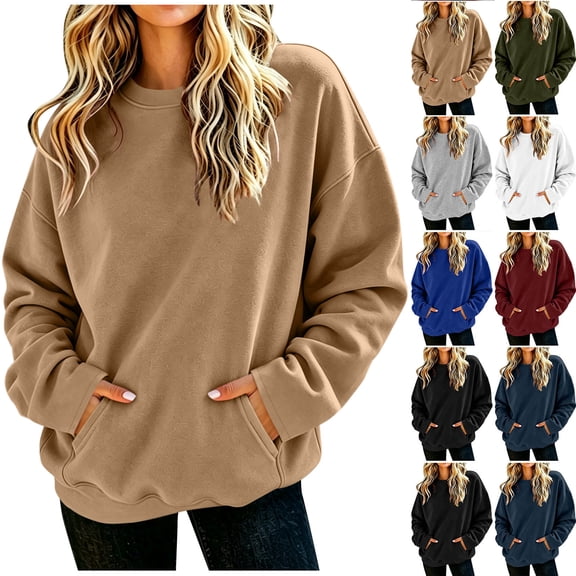 Pullover Tops for Women Solid Casual Round Neck Loose Fit Sweatshirts with Side Pockets for Daily Wear