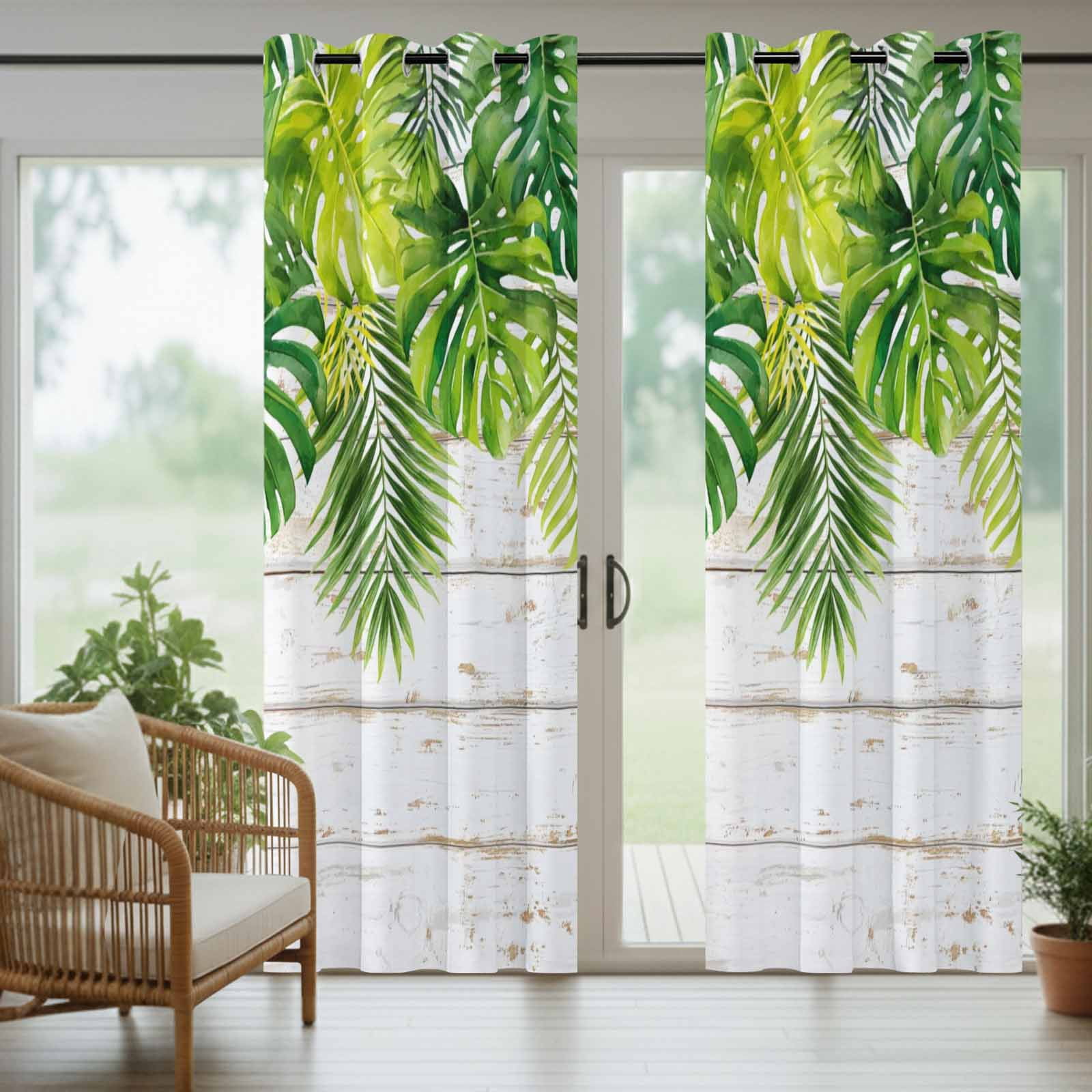 Palm Leaf Outdoor Curtains for Patio, Green Tropical Plant Rustic Country Farm White Wood Grain Sunshade Privacy Drapes Grommet Waterproof Outside Curtains for Porch/Cabana/Balcony 54"x 108", 2 Panel