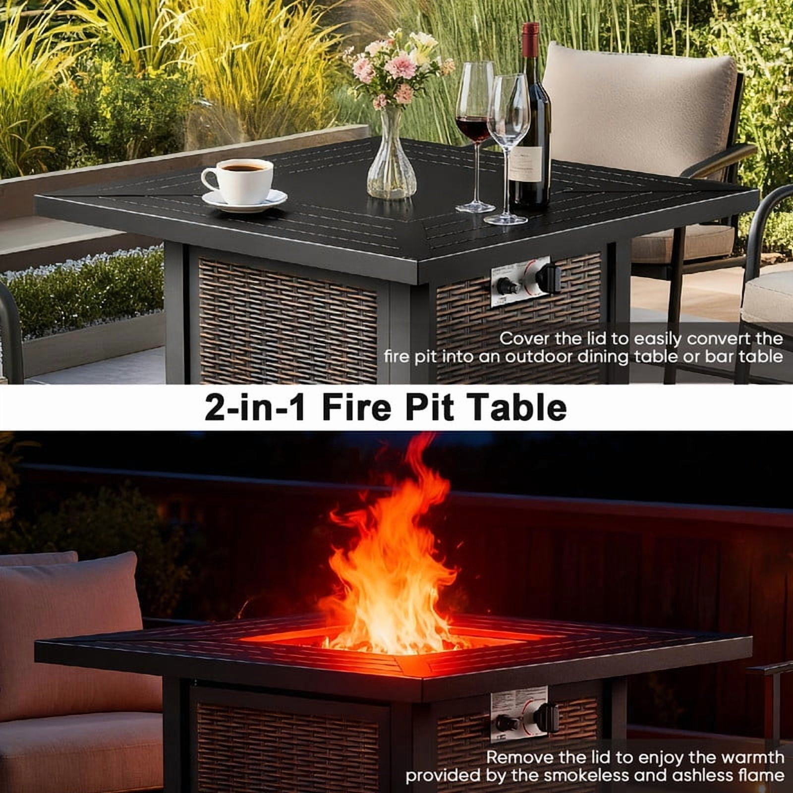 Giantfurnni 30" Propane Fire Pit Table with Lid, Outdoor Metal 50,000 BTUs Square Gas Fire Pit Table with Lava Rocks for Balcony Porch Deck