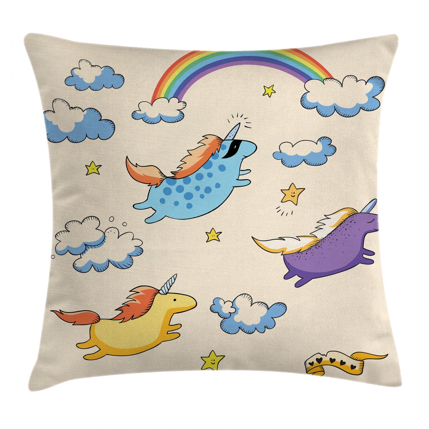 Unicorn Throw Pillow Cushion Cover, Pastel Colored Illustration of Several Flying Pony Baby