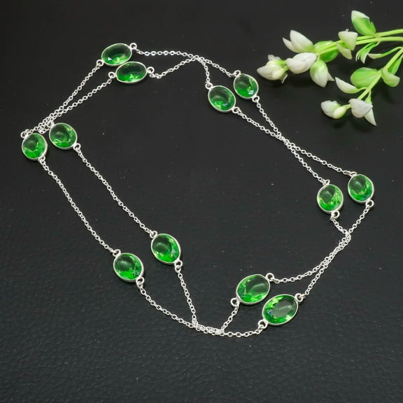 Green Amethyst Gemstone Necklace Handmade Antique Design Oval Shape Jewelry 36"