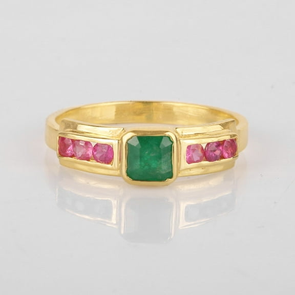 Asscher Cut Emerald Gemstone and Channel Set Ruby Handmade Fine Jewelry Ring, 925 Starling Silver Band Minimalist Bridal Ring, Gift For Mom
