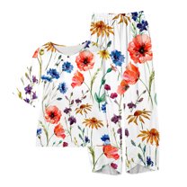 Ruimatai Women's Floral Print Cotton Linen Top Pants Set Casual Loose Fit Short Sleeve Outfit Comfortable Summer Plus Size 2 Piece Outfit