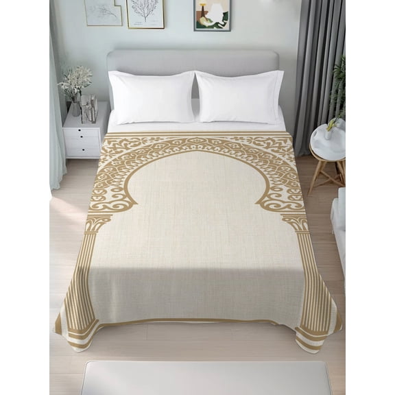 Queen Size Flat Sheet Only,Mid Century Vintage Arch Door Soft Top Bed Sheets Breathable Bedding Sheet Ethnic Gold Stripes on Burlap Microfiber Hotel Luxury Top Sheets