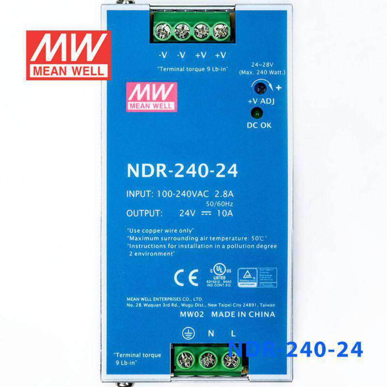 Mean Well NDR-240-24 Single Output Industrial Power Supply 240W 24V - DIN Rail