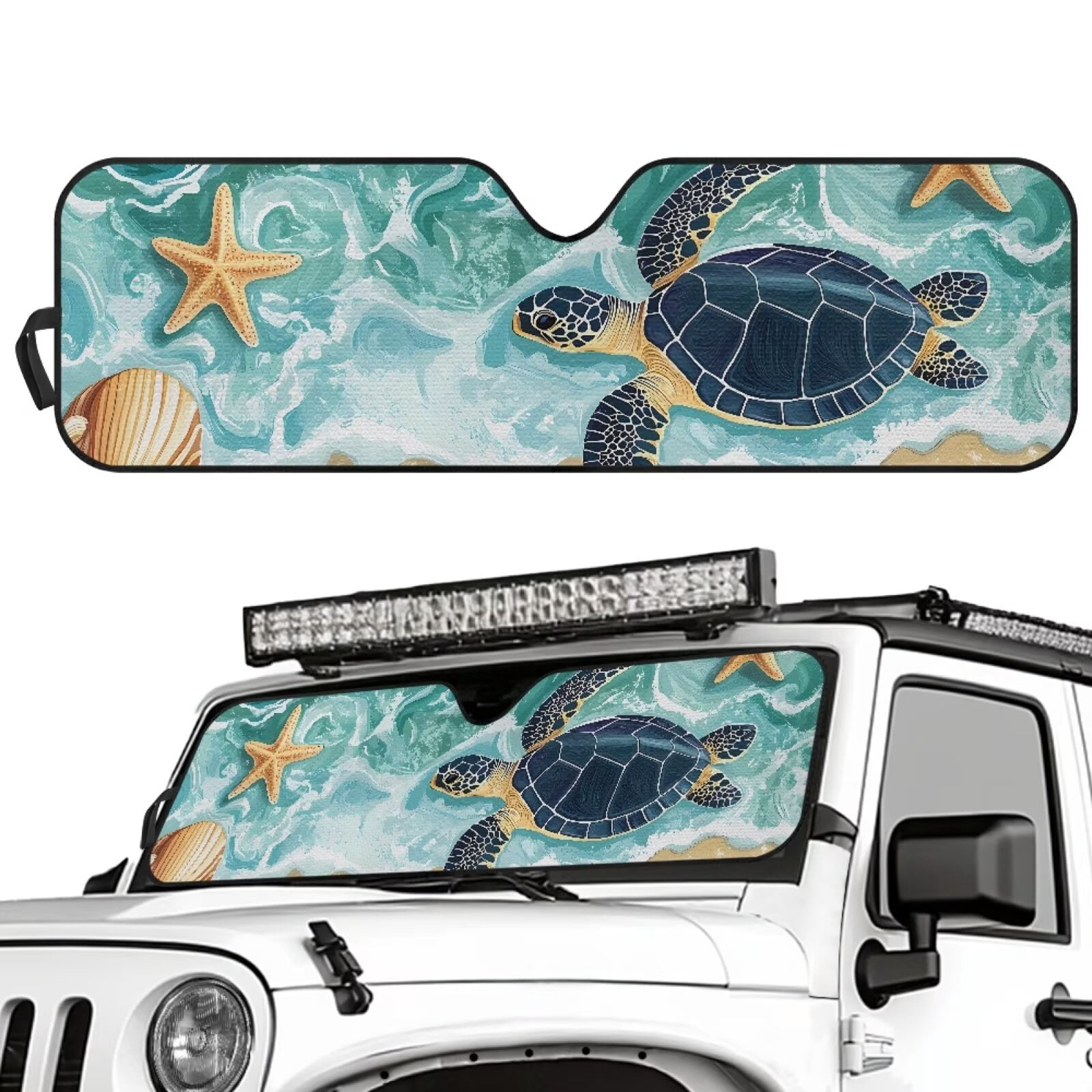 Uorisanigo Windshield Sunshade Sun Shade Car Sun Visor Mat Heat Shield for Jeep Wrangler JL JLU 2018-2024 Rubicon Sahara 2 Door & 4 Door & Gladiator JT, 1pc (Beach Turtle Starfish)