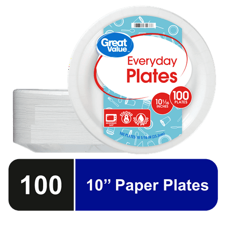 Great Value Everyday Disposable Paper Plates, 10", White, 100 Count