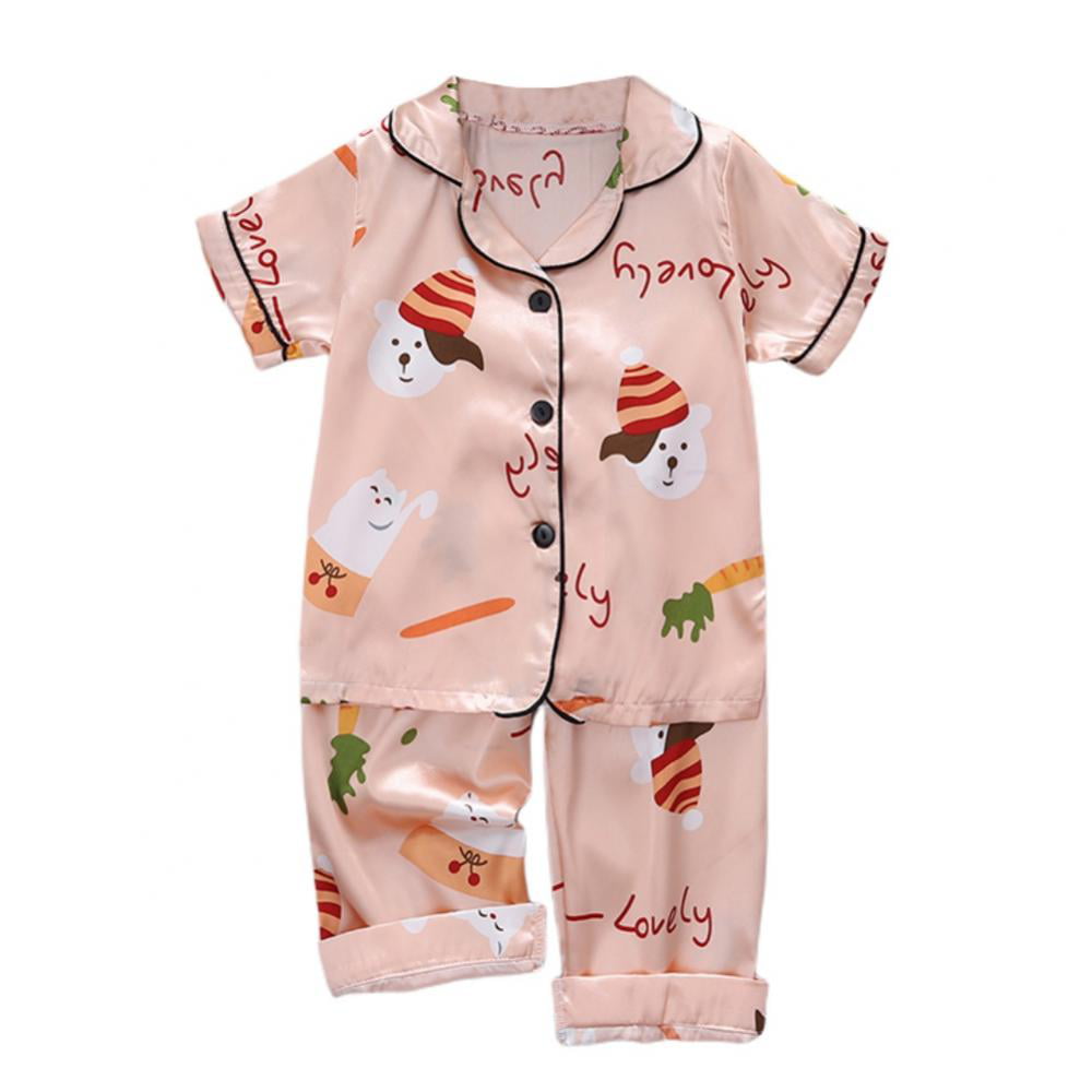Toddler Baby Kids Silk Satin Pajamas Long Sleeve Button-Down Top Pant Sleepwear Nightwear Girls Boys Pjs 