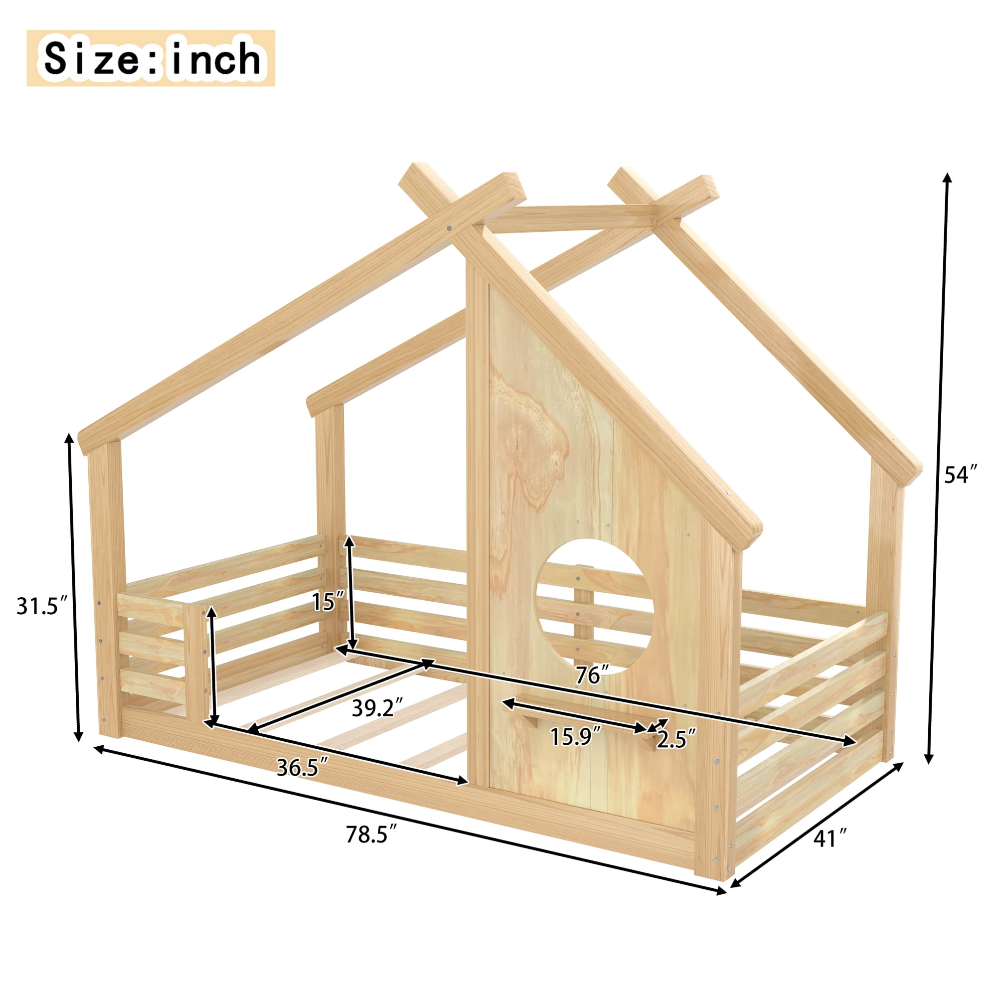 Jopath Twin Size House Floor Bed with Window and a Small Shelf, Solid Wood Floor Bed with House-shaped Roof for Boys Girls Natural