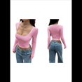 thumbnail image 3 of Top Corto de Larga con Cuello Cuadrado para Mujer, Acanalado, Ajustado, para Salir, Estilo Y2K, Informal, Básico, Camiseta Rosa L, 3 of 7