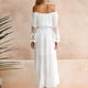 thumbnail image 3 of Vestido largo maxi para mujer, con hombros descubiertos, encaje, mangas acampanadas, elegante vestido de fiesta de noche bohemio blanco/negro, 3 of 5