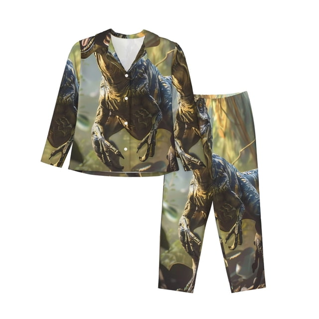 Fotbe Ferocious Dinosaur Conjunto de Pijama de Manga Larga para Mujer con Estampado, Ropa de Dormir de 2 Piezas, Conjunto de Casa Suave y Cómodo con Bolsillos-X-Large