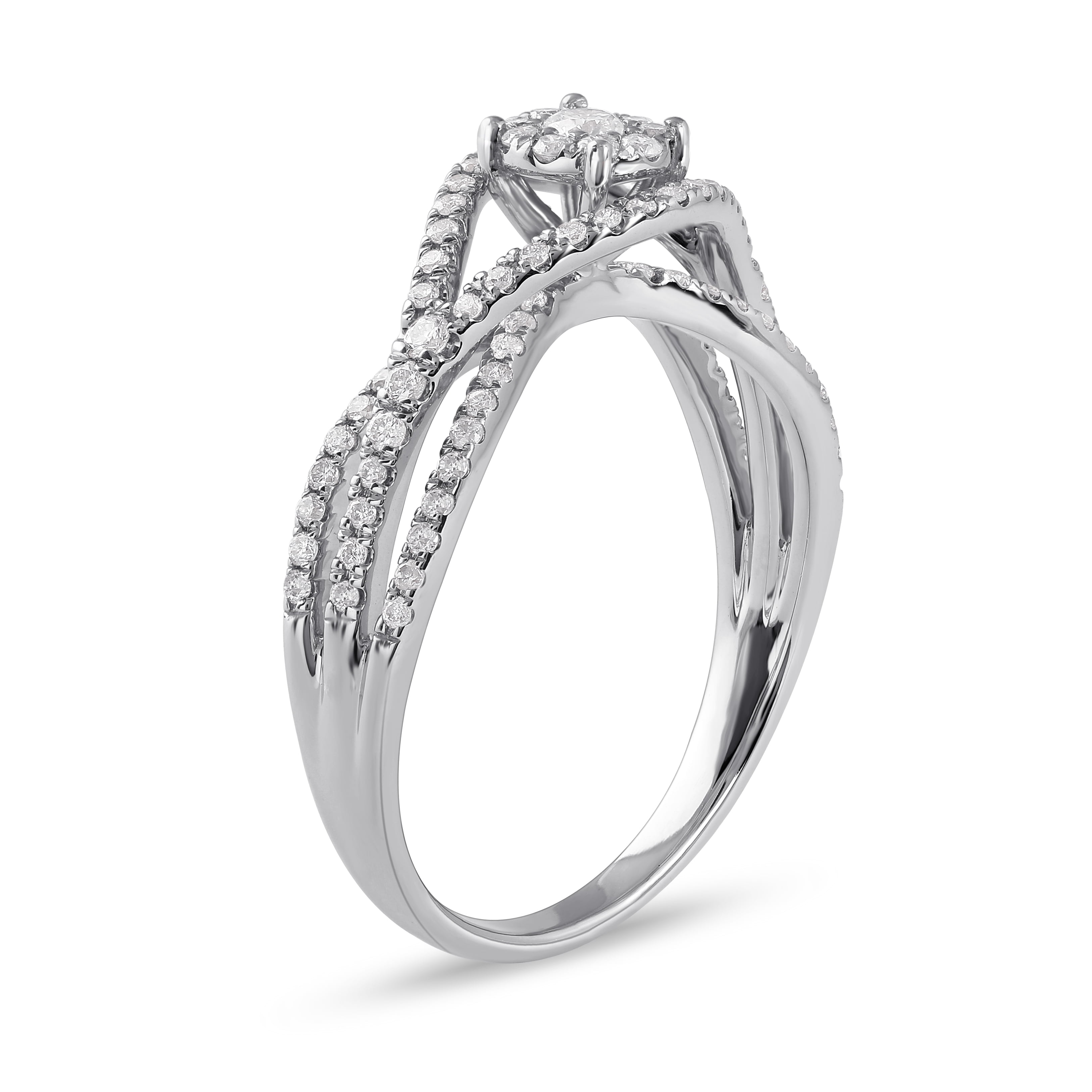 1/2Ct TDW Diamond 10K White Gold Cluster Split Shank Engagement Ring