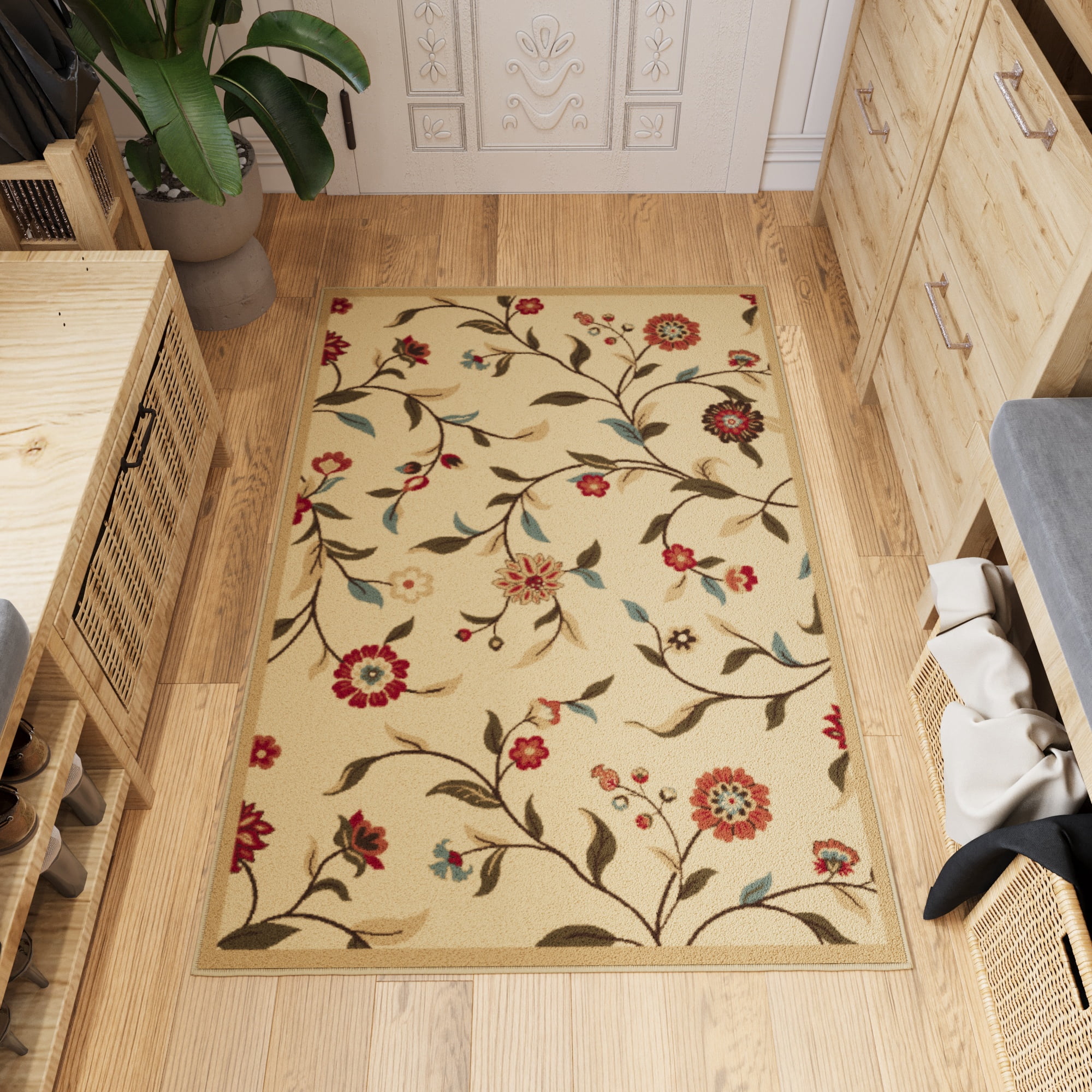 Ottomanson Non-Slip Indoor Entryway Rug 1'10.5" x 3' – Low Pile Stain Resistant Door Mat, Floral Beige