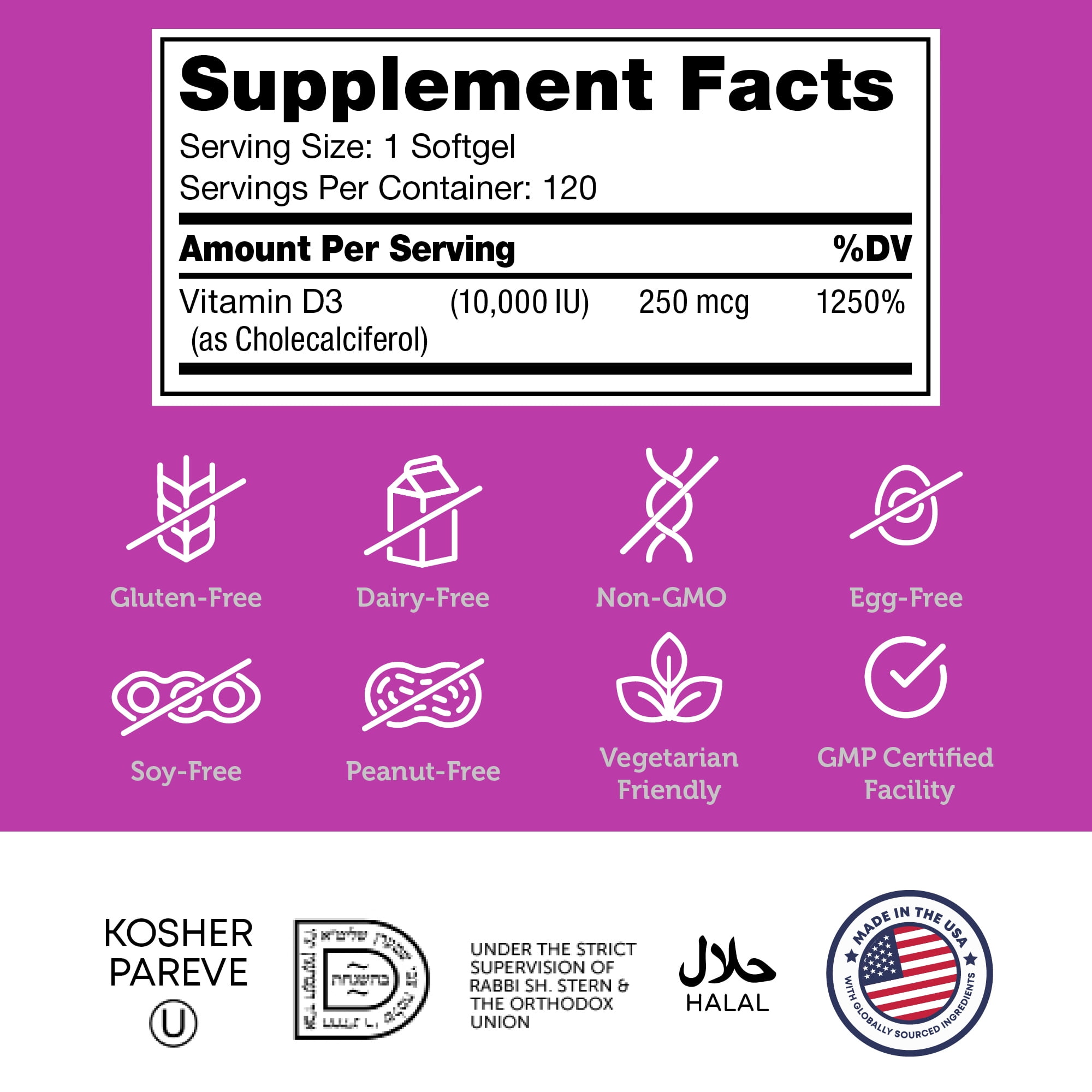 Zahler Vitamin D3 10,000 IU 250 mcg, 120 Softgels, Advanced D3 Formula, Immune Support, Vitamin D Supplement