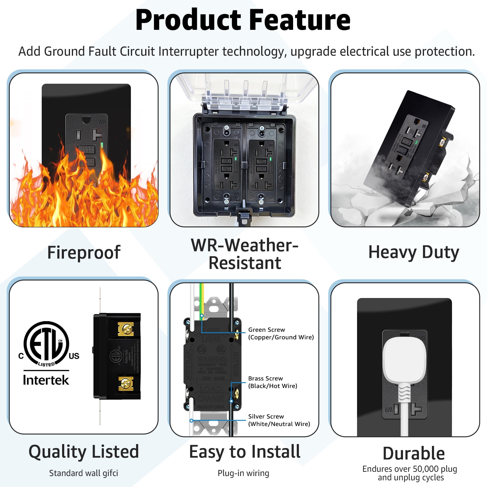 Black GFCI Outlet 20Amp 9PK,Nineleaf Black Outlets Receptacles,GFI Electrical Outlet with LED Indicator,Weather Resistant WR,Ground Fault Circuit Interrupters,120V,Wall Plates and Screws Included,ETL