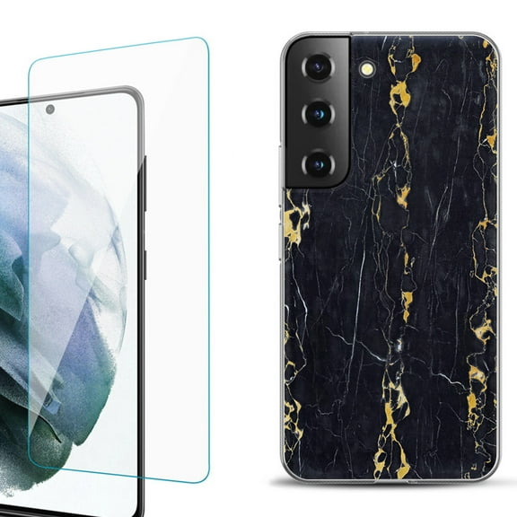 Slim-Fit Fashion Gel Phone Case for Samsung Galaxy S22 5G / S22 Plus 5G, with Tempered Glass Screen Protector, by OneToughShield ® - Marble / Gold/Black