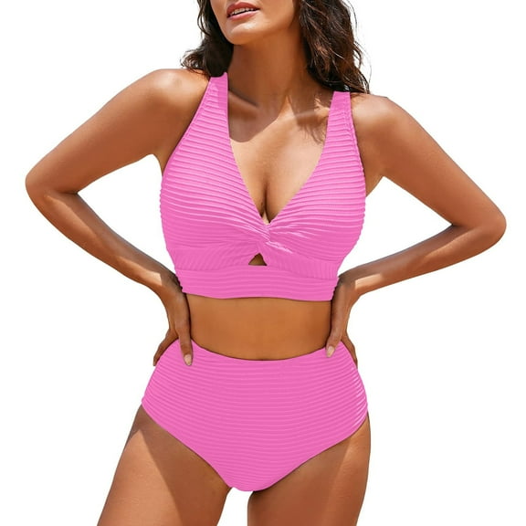 Clothing 2025 Yajing Tankini Swimsuits for Women Women's Textured Bikini Sets Front Top Swimsuits High Waisted Bathing Suits L Pink