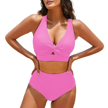Duoif One Piece Swimsuit Women  Women s Textured Bikini Sets Front Top Swimsuits High Waisted Bathing Suits Womens Swimsuits Tummy Control Swimsuits for Women Pink XXL