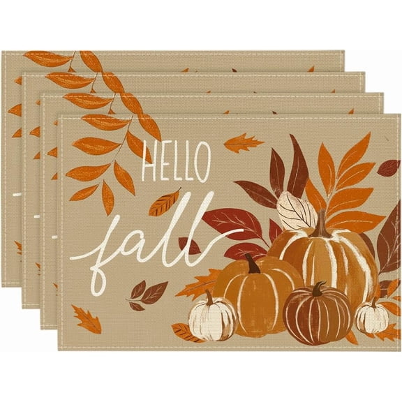 Pumpkins Hello Fall Placemats Set of 4, 12x18 Inch Thanksgiving Vintage Table Mats for Dining Party Decoration