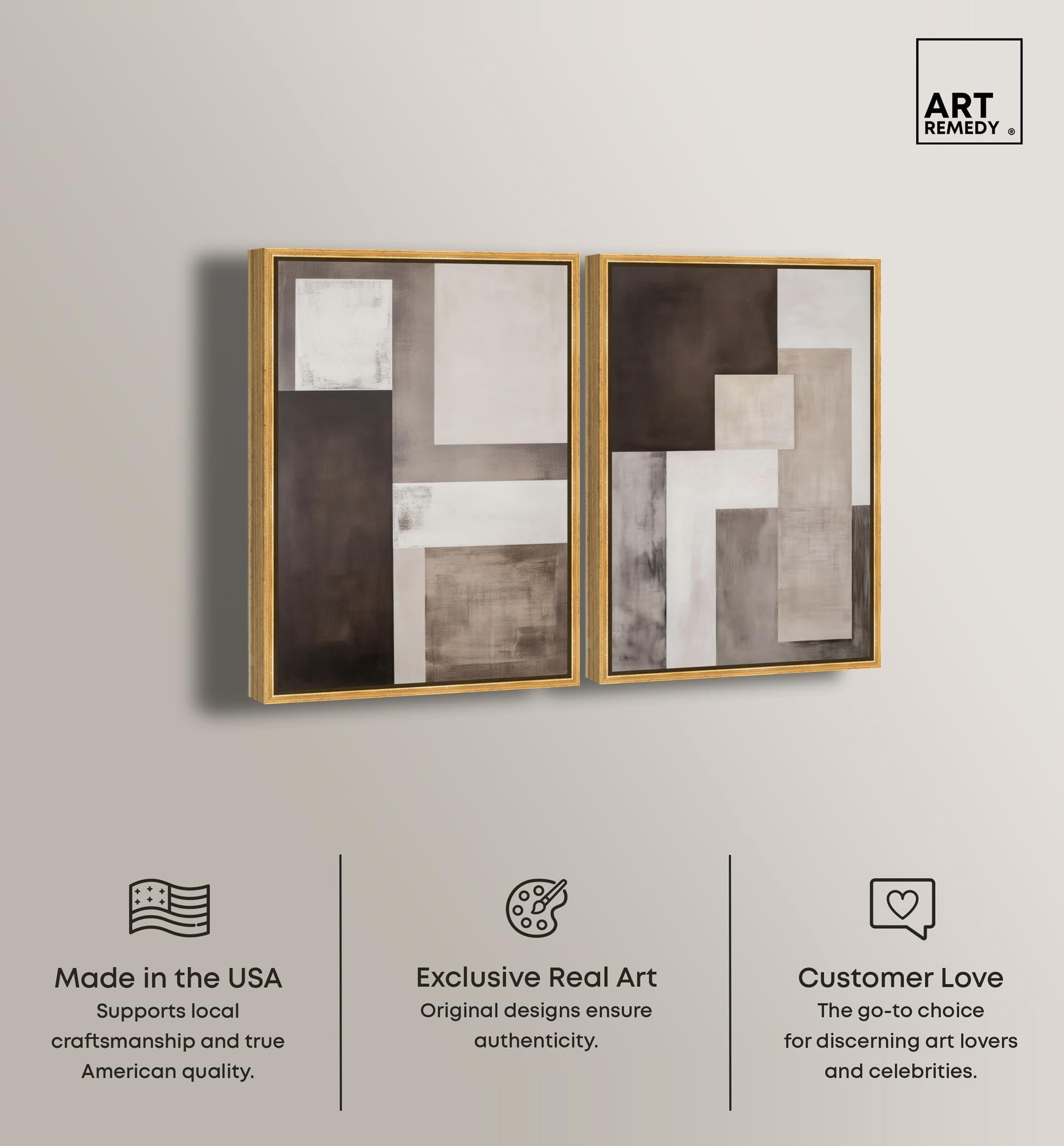 Quiet Geometries Set Canvas Print Brown Wall Art Set by Art Remedy, Gold Frame, 20 x 30