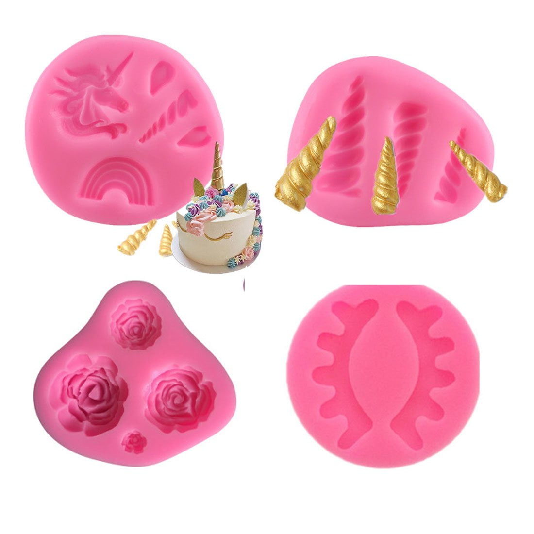 3PCS Unicorn Mold Unicorn Horns Ears Rainbow Flowers Unicorn Silicone Mold Set Cupcake Toppers Fondant Chocolate Mold