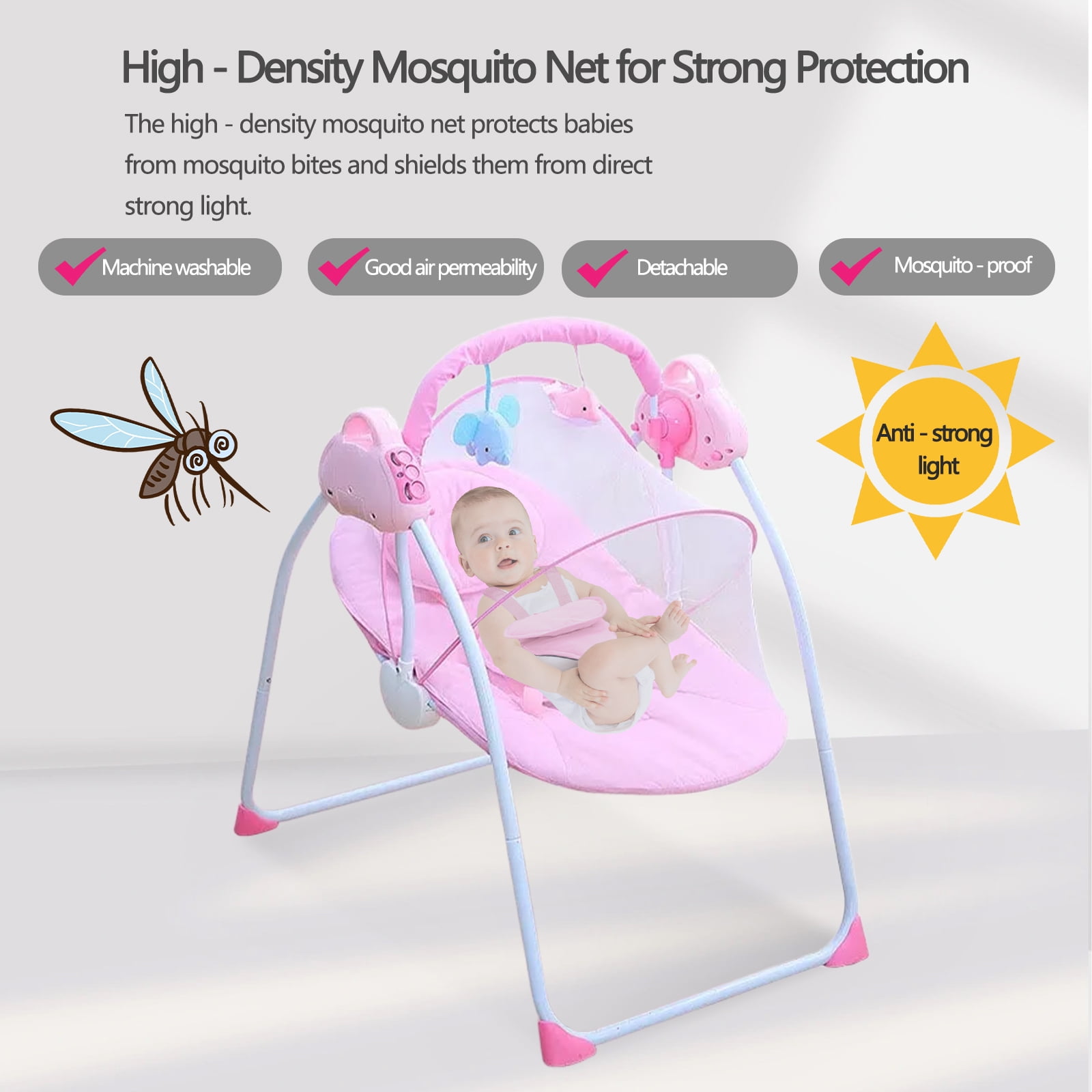 XunKA Electric Baby Swing, Portable Infant Bouncer Cradle with bluetooth Music and Remote Control,Pink.
