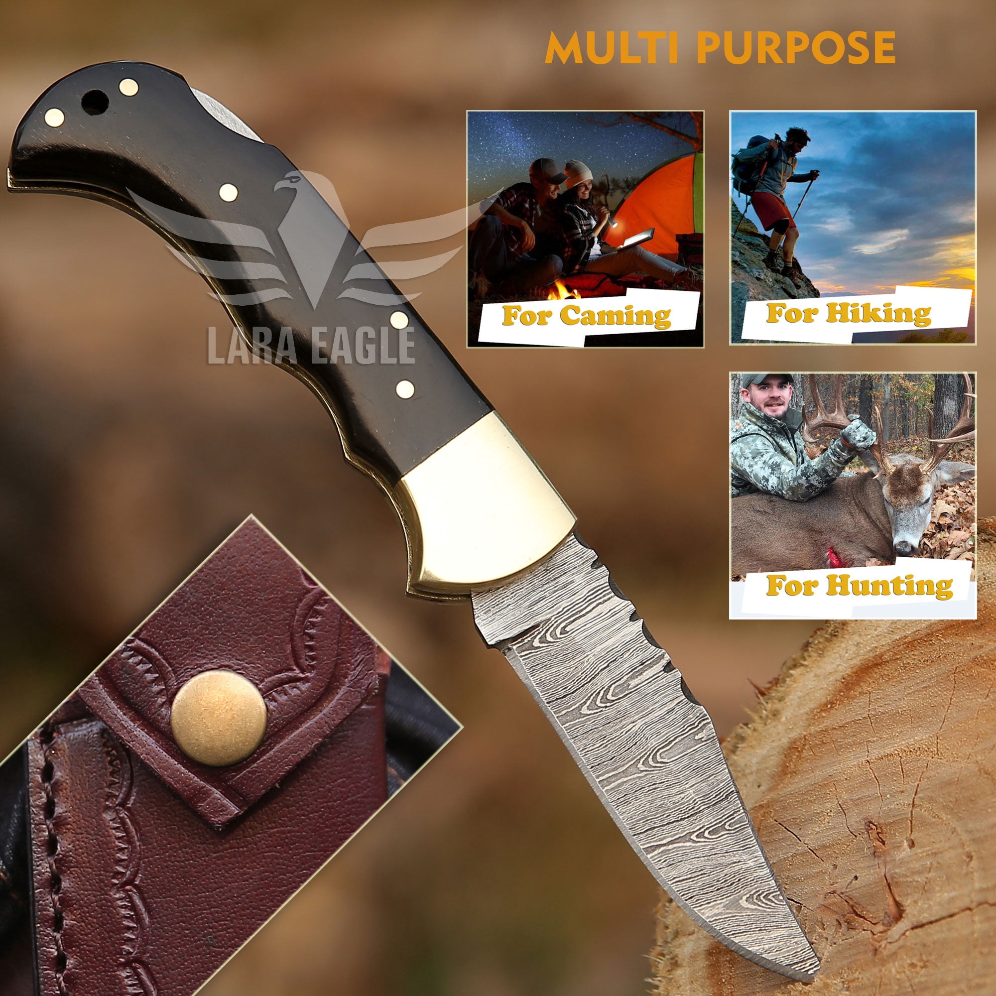 Lara Eagle Damascus Pocket Knife for Men - 3 inch Blade, 133 Layer Solid Steel Handmade Black Folding Knife with Sharpener and Leather Pouch - for Camping, Hunting, Hiking.