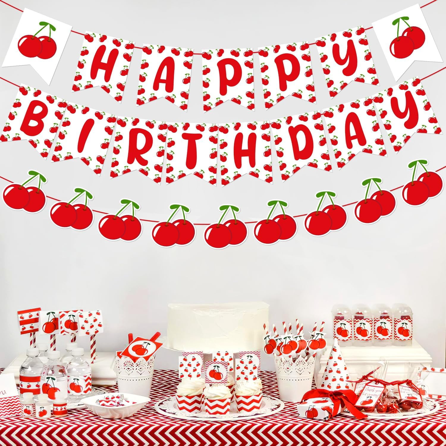Cherry Themed Happy Birthday Banner Garland Sweet Cherry Birthday Party Decorations Fruit Theme Party Supplies for Girls1st 2nd 3rd Birthday Party