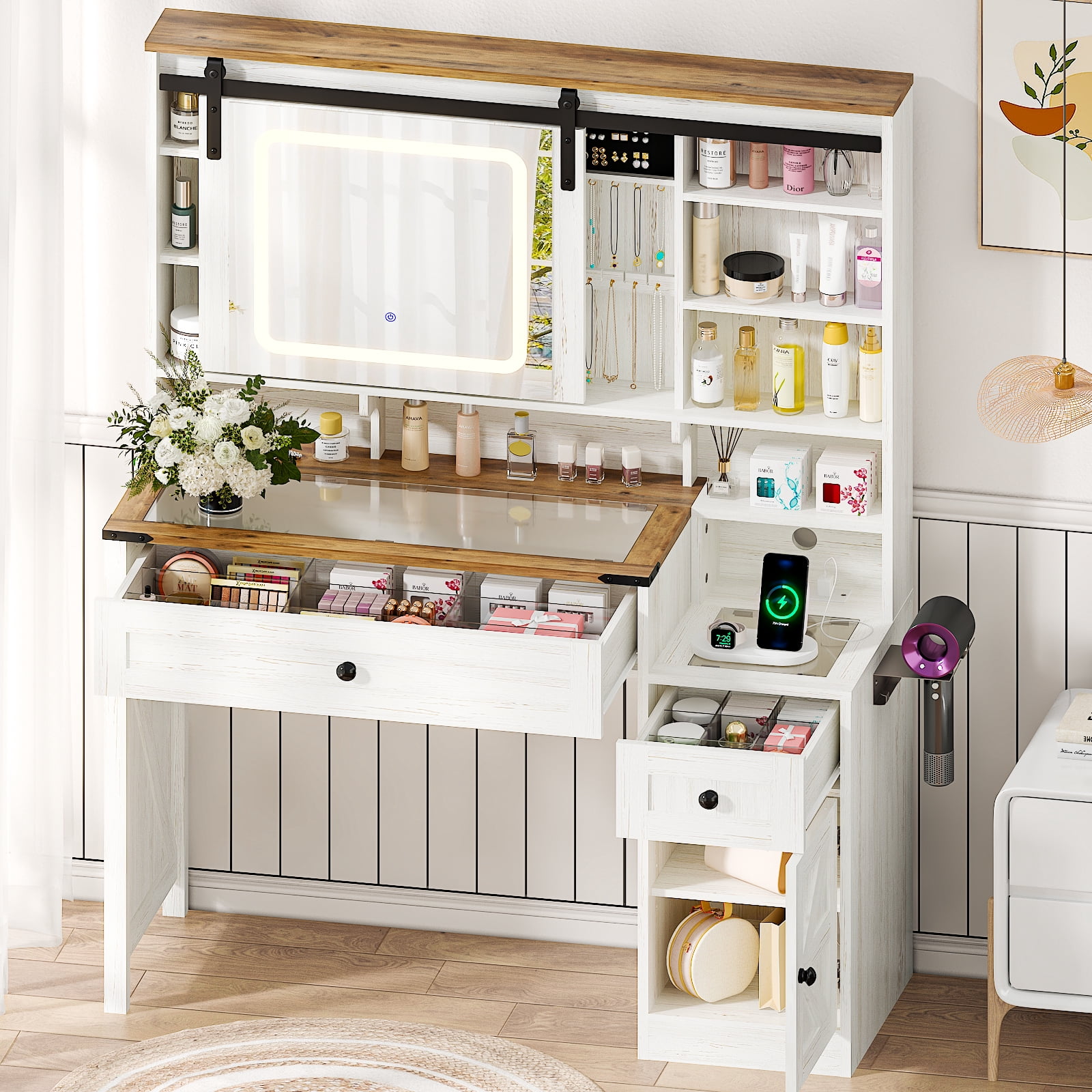 Ktaxon Farmhouse Makeup Vanity with Sliding Barn Door,  Vanity Table Set w/ Lighted Mirror, Washed White