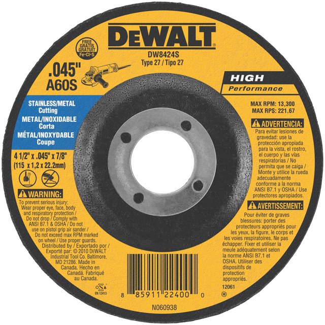 Disco de corte DEWALT DW8424S Cree Thin de 4.5 pulgadas para acero inoxidable