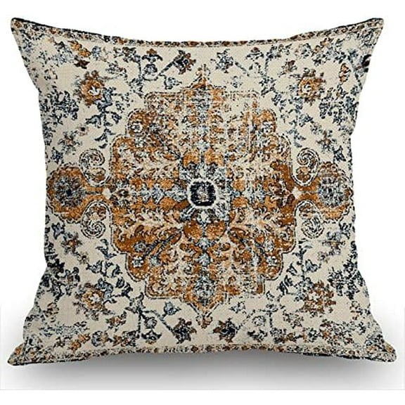 Carpet Pattern Boho Style Ethnic Design Gold Blue Decoration Farmhouse Décor Cotton Linen Home Decorative Throw Pillow Case Cushion Cover for Sofa Couch, 18" x 18"