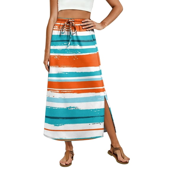 High Waisted Striped Maxi Skirt, Casual Flowy Side Slit Long Skirt with Pockets, Elastic Waist Drawstring Summer Beach Bottoms
