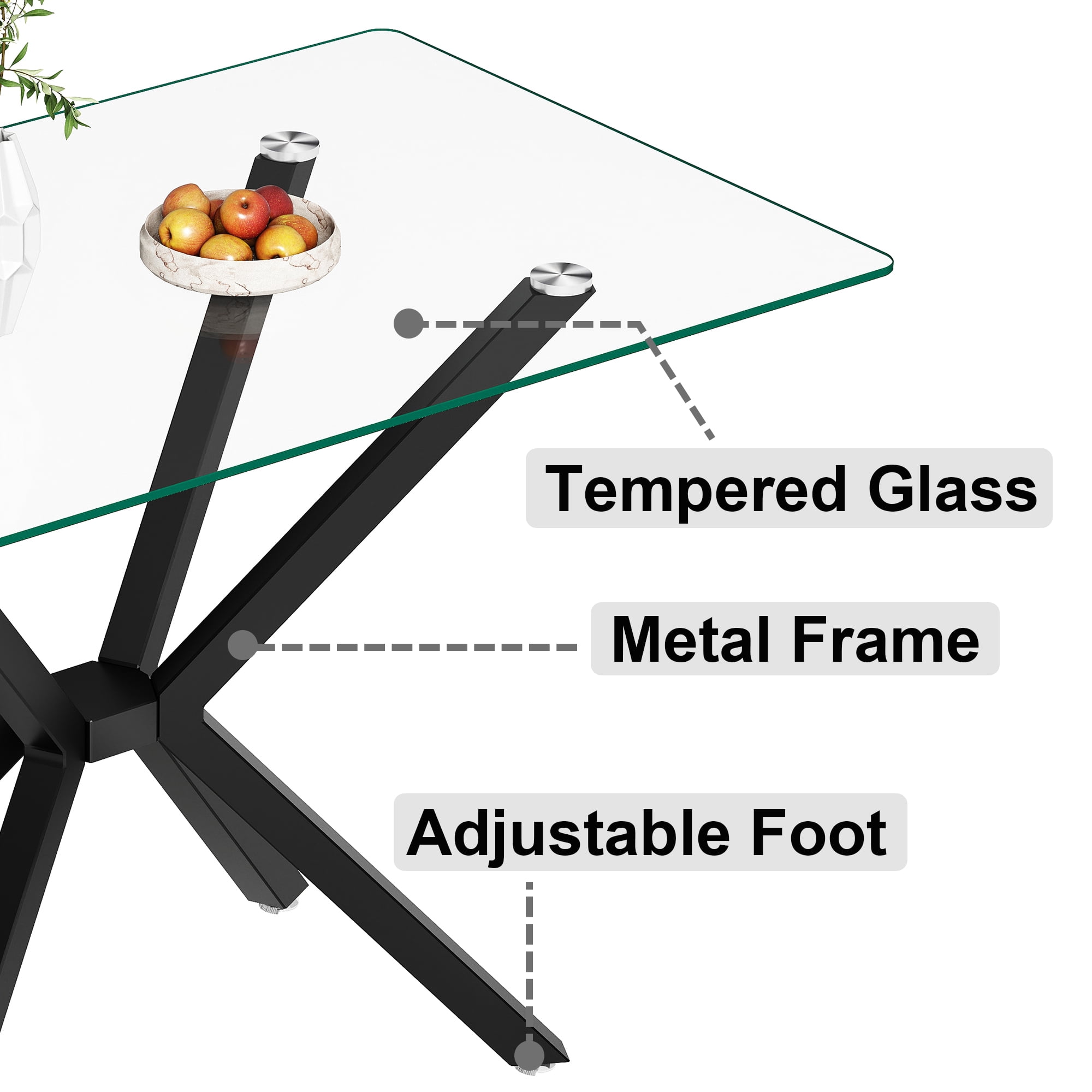 Miniyam 47" Modern Glass Dining Table for 4, Rectangular Tempered Glass Top with Metal Legs, Clear