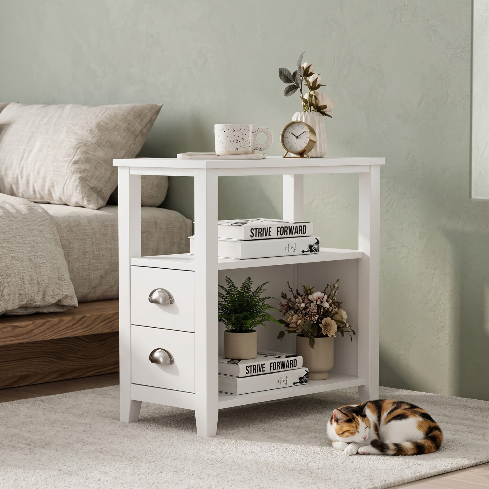 Furnibear Narrow Nightstand with 2 Drawers and Open Shelf Wooden Bedside End Table for the Bedroom and Living Room, White