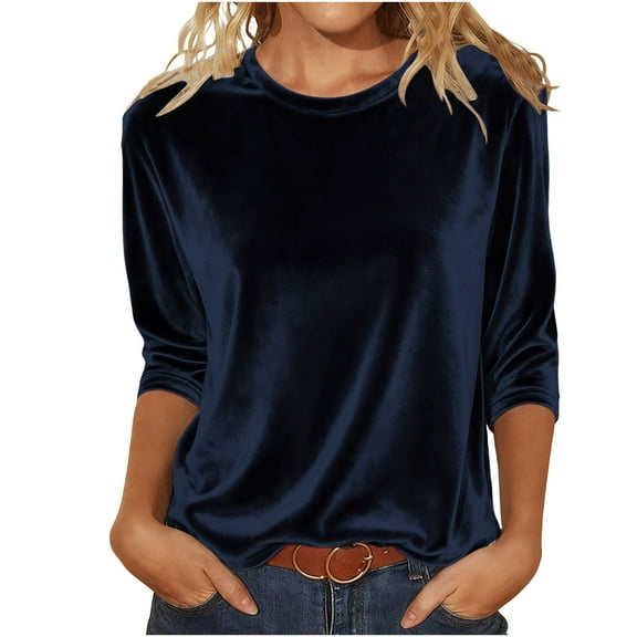qelini Velvet Shirts for Women 3/4 Sleeve Pullover Tops Basic Solid Crewneck Tunic Fashion Elegant Blouses