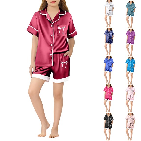 Pajamas for Girls Size 14-16 , Girls Pajamas Silk PJS Set Pink Bow Satin Sleepwear Long Sleeve Jammies for Kids Button-Down Nightwear Summer Outfits