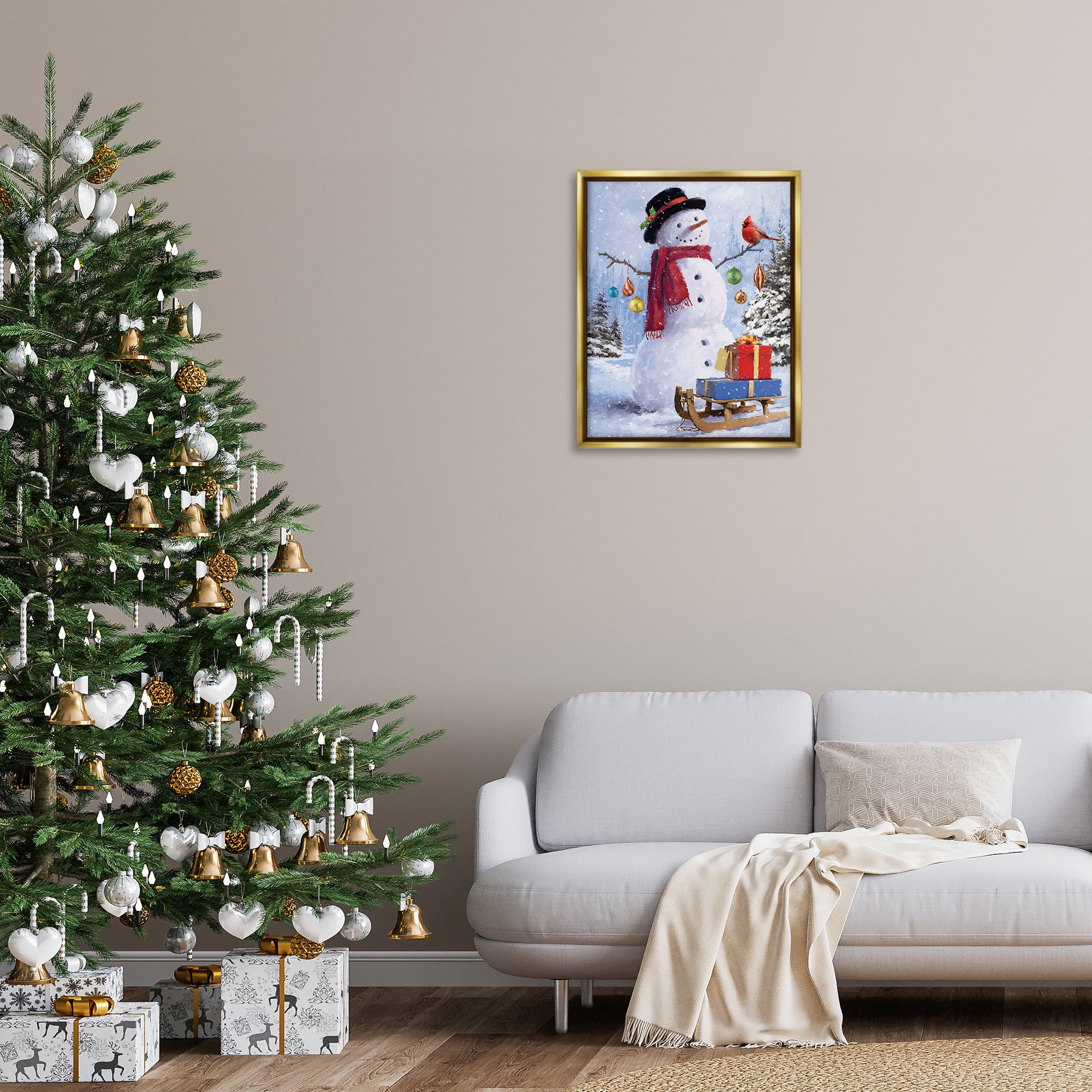 Stupell Industries Snowman with Gift Sled Landscape Painting Gold Floater Framed Canvas Art Print Wall Art, 25 x 31