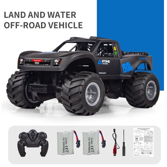 1:16 Amphibious Remote Control Car, RC Monster Truck for Kids, All Terrain 4WD RC Toy with 2 Batteries, 7.4V High Power, Durable Truck for Boys-Blue